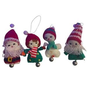 4 1983 Dakin Fun Farm Yarn Christmas Ornaments Santa Snowman & Bells & Tags